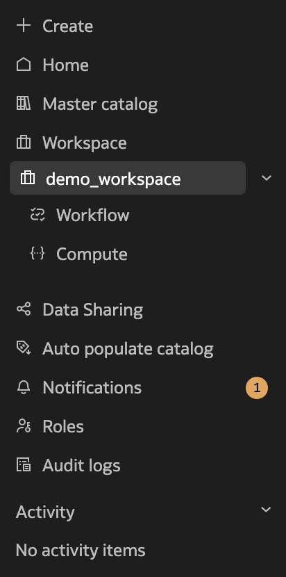 Oracle AI Data Platform Workbench 왼쪽 탐색 창