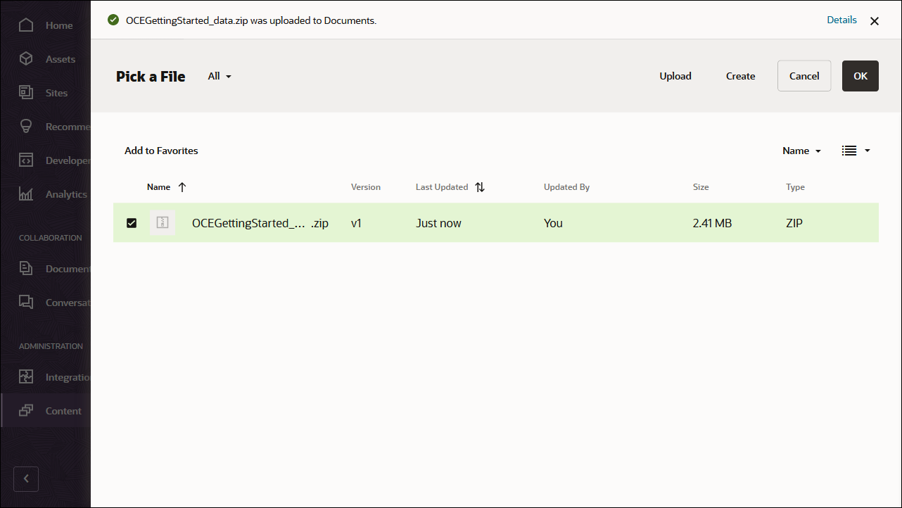 이 이미지는 OK 버튼이 사용으로 설정된 선택된 OCEGettingStarted_data.zip 파일을 보여줍니다.