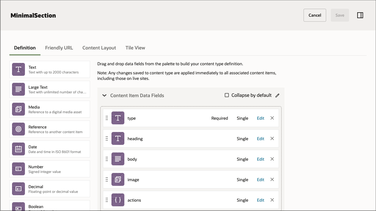 이 이미지는 콘텐츠 유형 'MinimalSection'에 대한 정의를 보여줍니다. 유형, 머리글, 본문, 이미지, 작업 등의 데이터 필드가 포함됩니다.