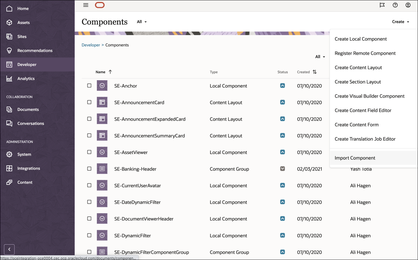 이 이미지는 [생성] 드롭다운 메뉴가 열려 있는 [구성 요소] 페이지를 보여줍니다. 드롭다운 메뉴의 맨 아래에는 구성요소 가져오기 옵션이 있습니다.