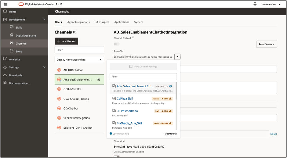 이 이미지는 경로 지정 대상 드롭다운 목록이 열려 있는 채널 페이지를 보여줍니다.