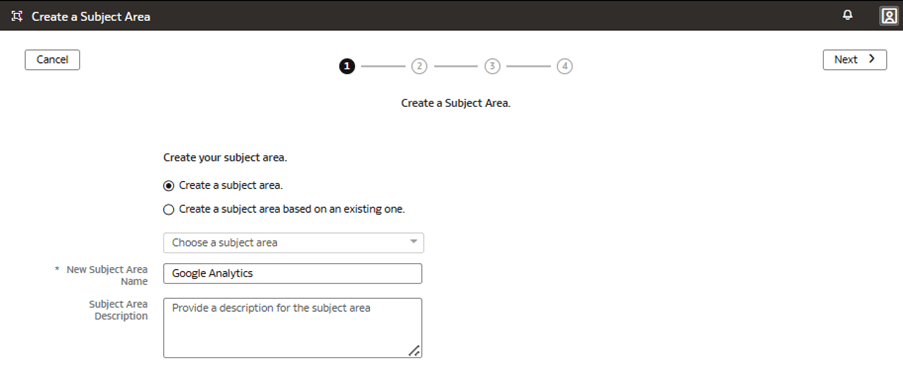 Create a Subject Area 페이지의 마법사 1단계 Create a Subject Area 페이지의 마법사 1단계