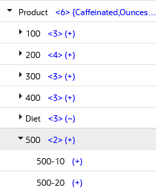 아웃라인 뷰어의 제품 차원으로 확장되어 500-10 및 500-20 하위 항목과 함께 추가된 새 제품 범주 500을 표시합니다.