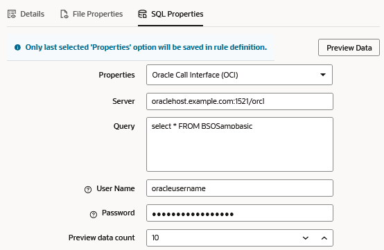 SQL 속성 대화상자 선택된 Properties 옵션은 OCI(Oracle Call Interface)입니다. [서버] 필드에는 DatabaseServerName:PortNumber/ServiceName 형식의 OCI 접속 문자열이 있습니다. 샘플 SQL 쿼리는 [조회] 필드에 있습니다. 사용자 이름 및 비밀번호가 입력됩니다.