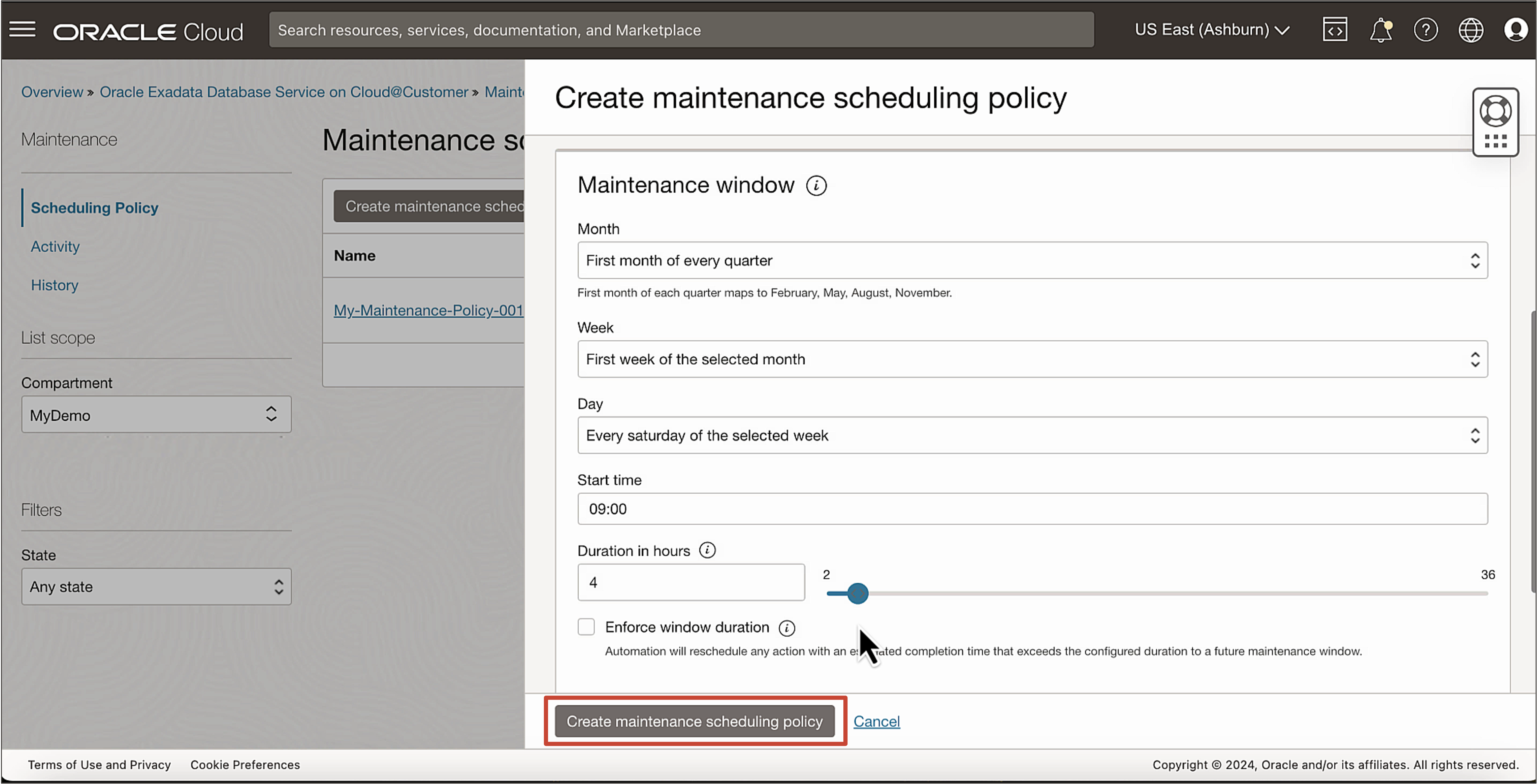 Create Maintenance Scheduling Policy를 누르는 것을 보여주는 이미지 Create Maintenance Scheduling Policy를 누르는 것을 보여주는 이미지