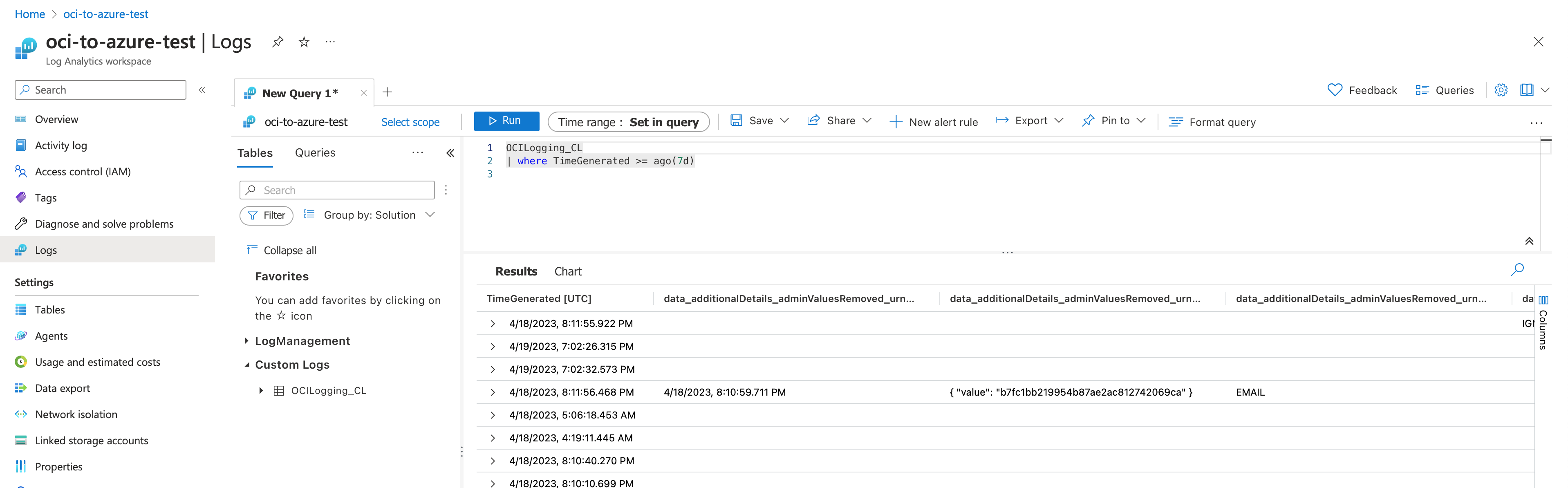 Azure Log Analytics Workspace에서 OCI 로깅 데이터 찾기