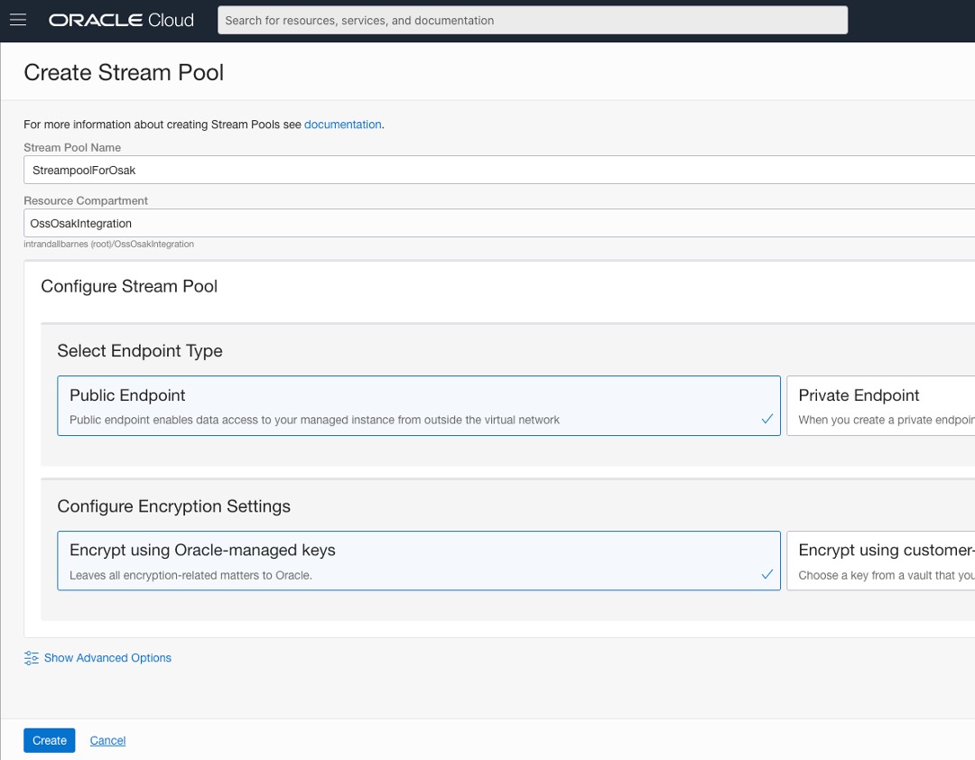 OCI에서 스트림 풀 생성
