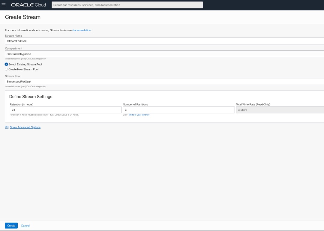 OCI에 스트림 생성