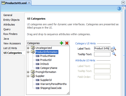 View Object overview editor UI Categories page.