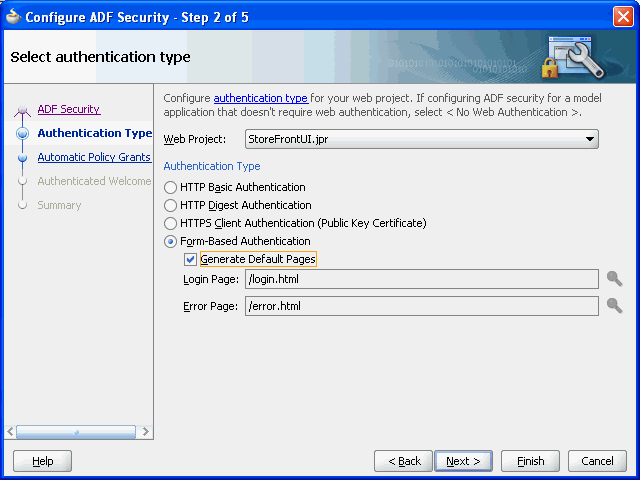 Authentication type page of the ADF Security wizard