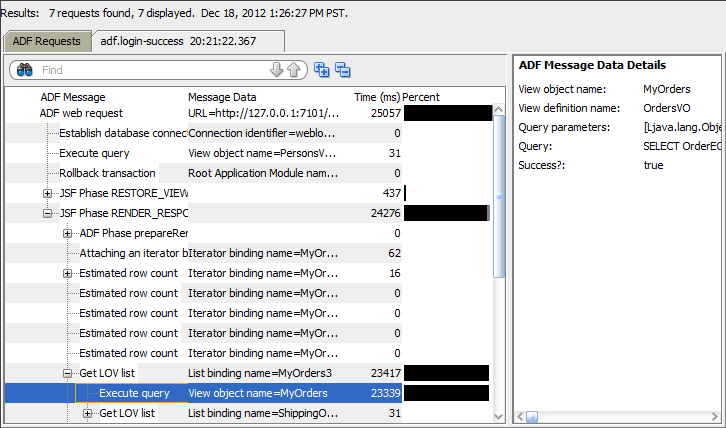 Log analyzer displays ADF event messages with ADF data