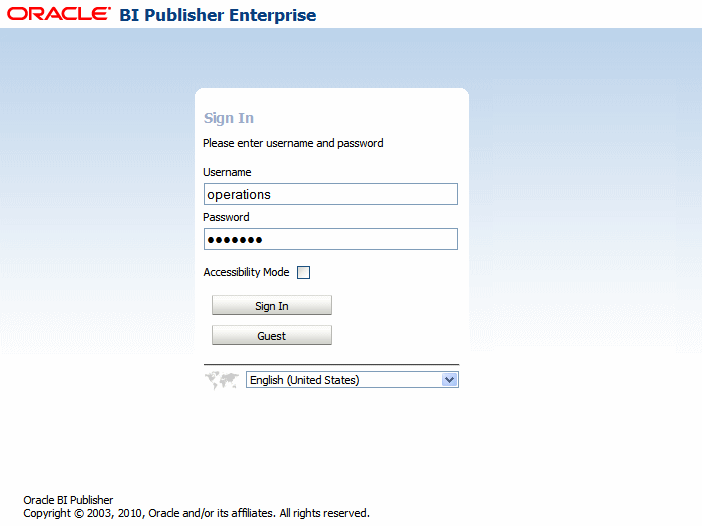 BI Publisher login page