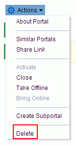 Actions menu in Portal Builder showing Delete action