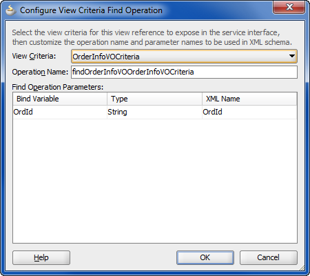 Configure View Criteria Find Operation dialog