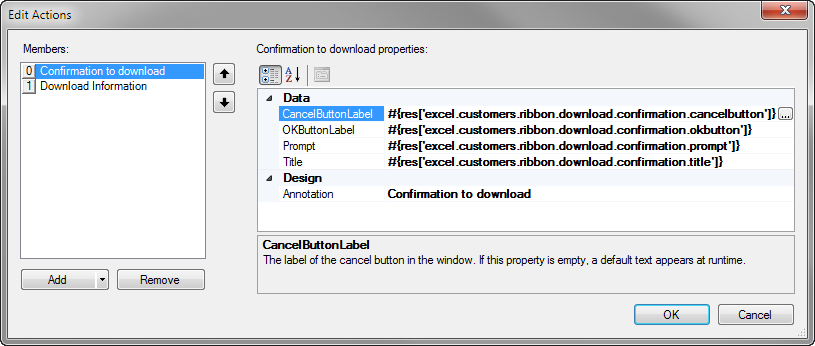 Confirmation Action dialog with default attributes