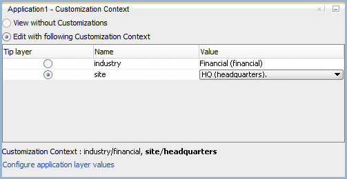 Customization context window with selected tip layer