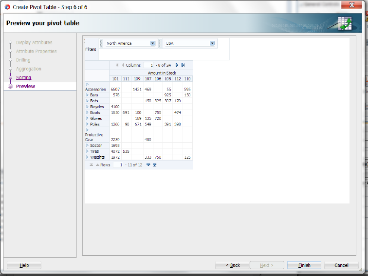 Live data preview of pivot table