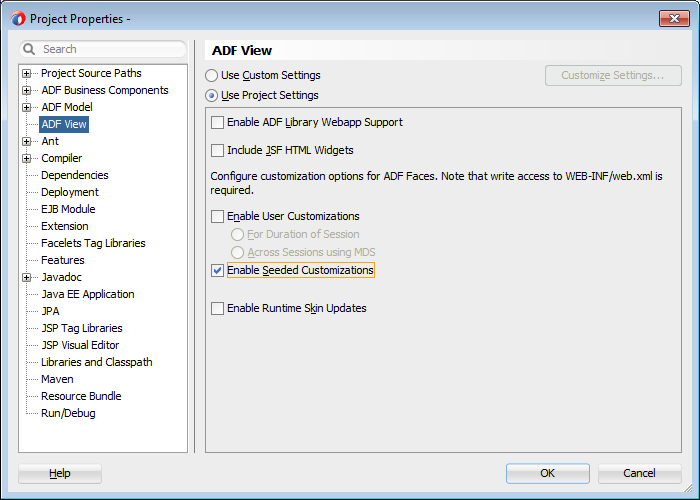 Project Properties dialog with seeded customizations enabled