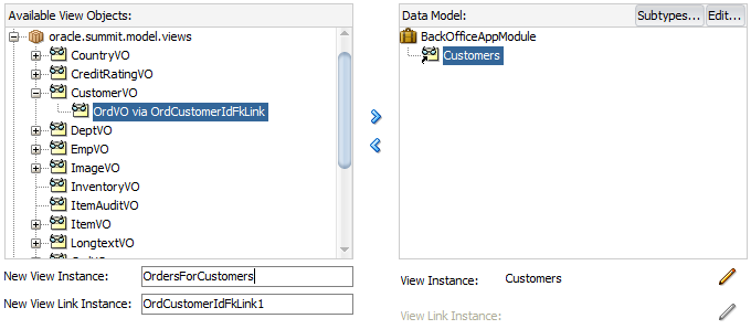 Data Model page of Create Application Module wizard.