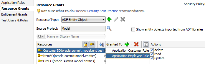Entity object grant in ADF policy editor