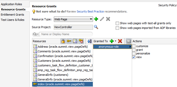 Page definition grant in ADF policy editor