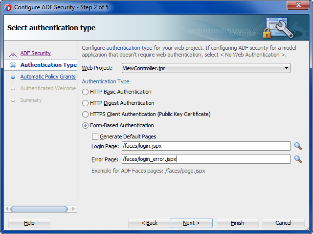Authentication type page of the ADF Security wizard