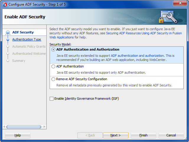 First page of the ADF Security wizard