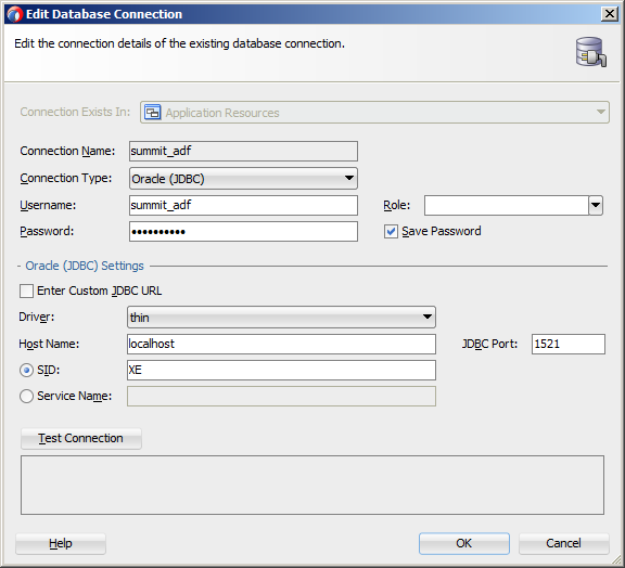 Edit Database Connection dialog for Summit ADF samples