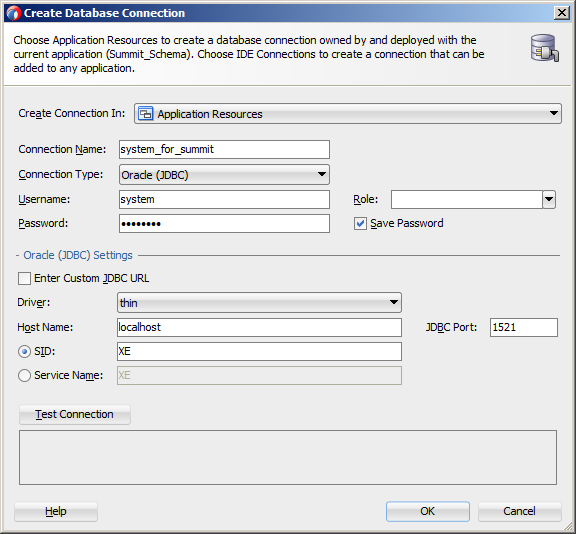 Create Database Connection dialog for Summit schema