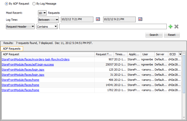 Log analyzer displays ADF web request in progress