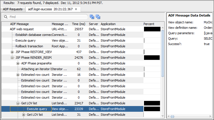 Log analyzer displays ADF event messages with ADF data