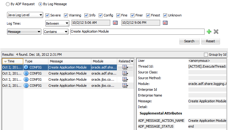 Log analyzer displays ADF event messages