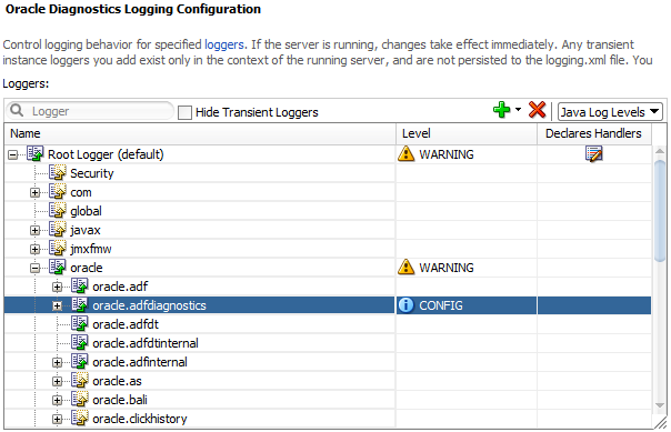 Enabling ADF logger debug diagnostics