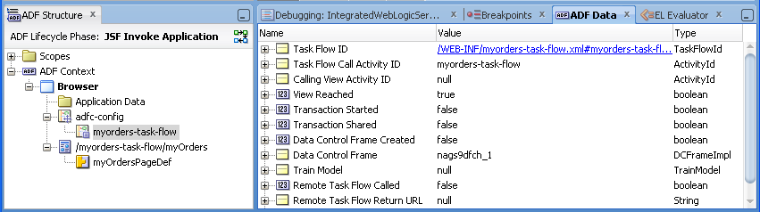 Task flow selected in ADF Data window