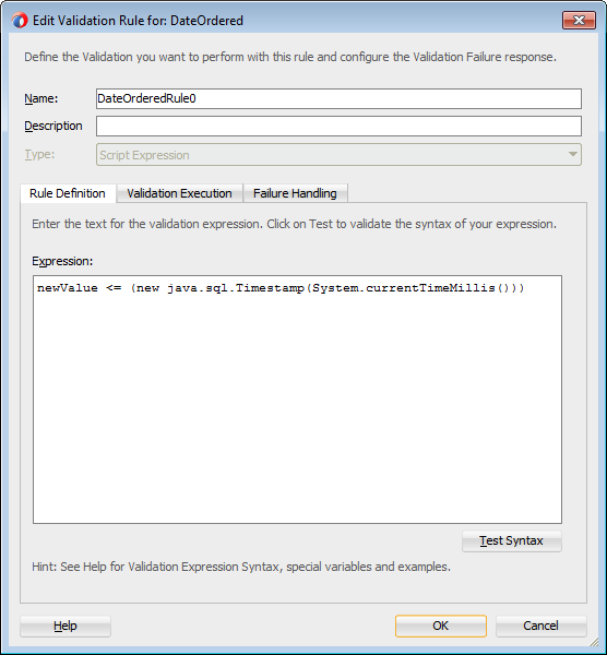 Image of Validation Expression in Validation Rule dialog