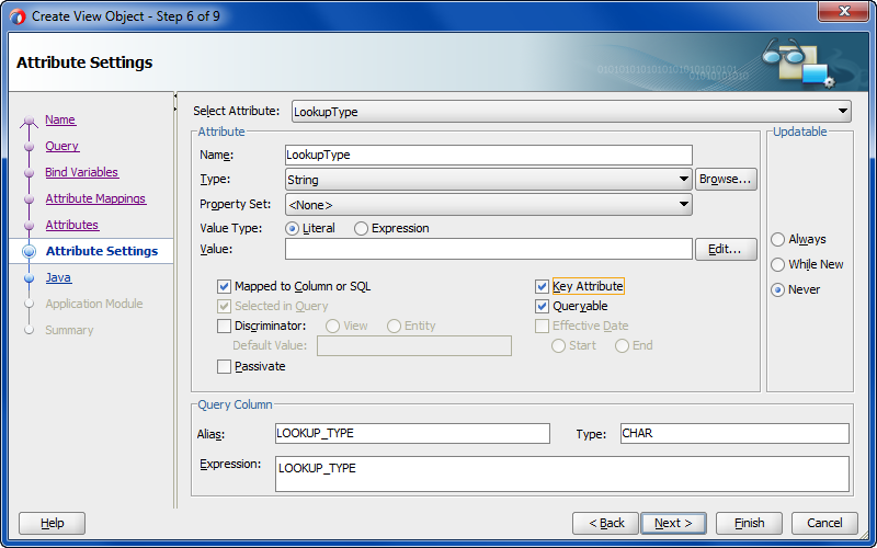 Step 6 of the Create View Object wizard