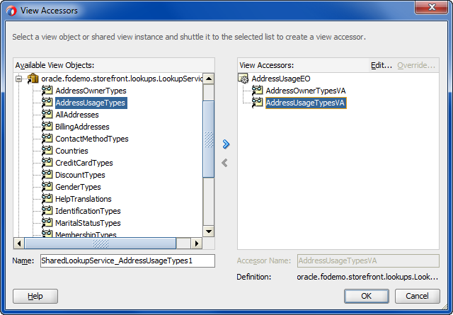 View Accessors dialog