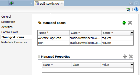 The JSF Configuration Editor shows all the managed beans