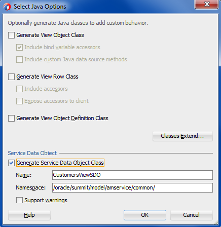 Java dialog for a view object