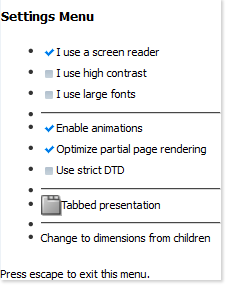 Menu listing accessibility types in screen reader mode
