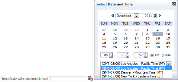 inputDate component showing a custom time zone list.