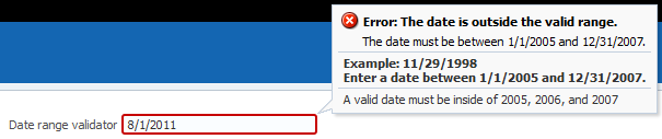 Date range validator with error message.