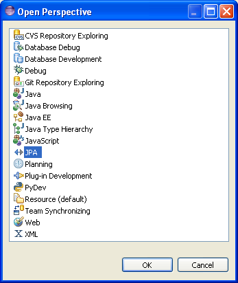 The JPA Perspective in the Open Perspective Dialog Box