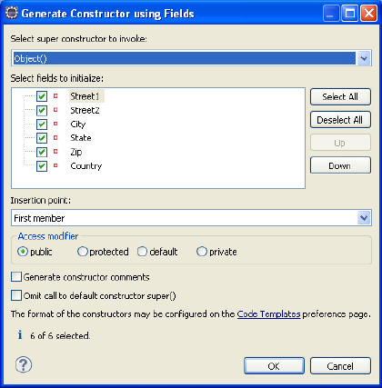 Generate Constructors using Fields Dialog Box