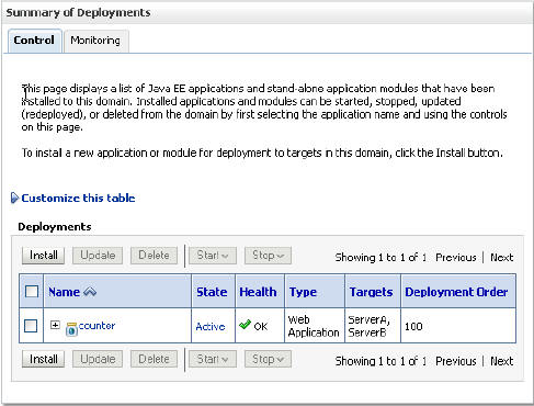 Deployments Window with the Deployed Application