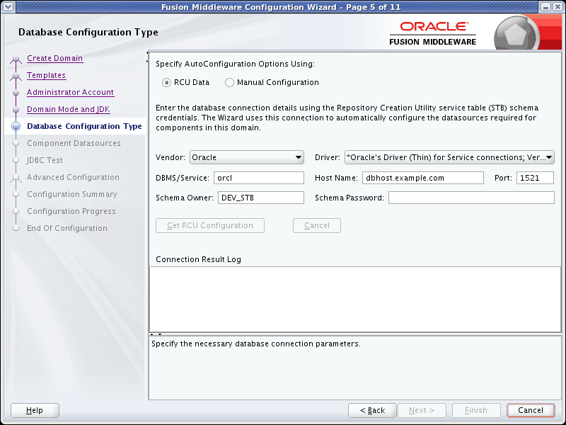 Database Configuration Type screen