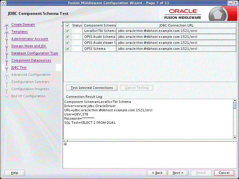 JDBC Component Schema Test screen