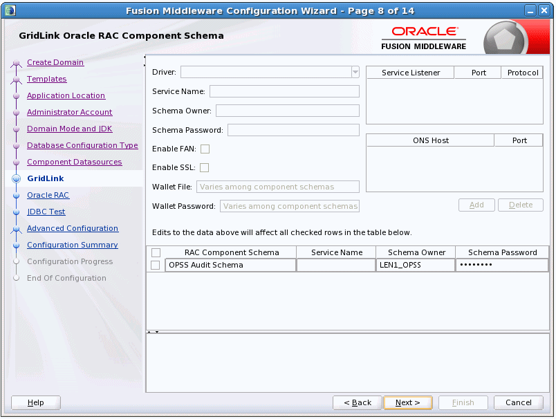Configure GridLink RAC Component Schema screen