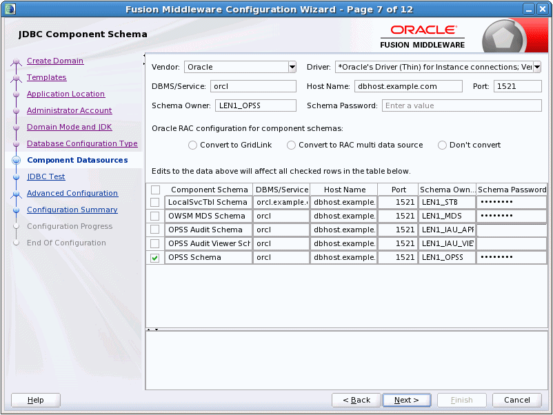JDBC Component Schema screen, GridLink version