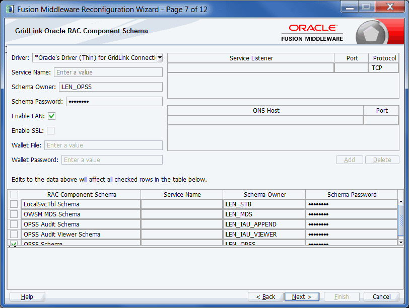 Configure GridLink RAC Component Schema screen